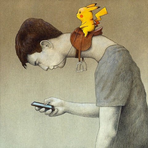 Pikachu sits on a saddle atop a young man's neck. The man is looking down at his phone.