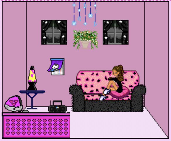 An early 2000s style doll in a pink room with a lava lamp and sofa and computer desk