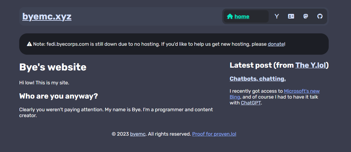 Picture of byemc.xyz. The latest post, "Chatbots, Chatting", is shown at the side.