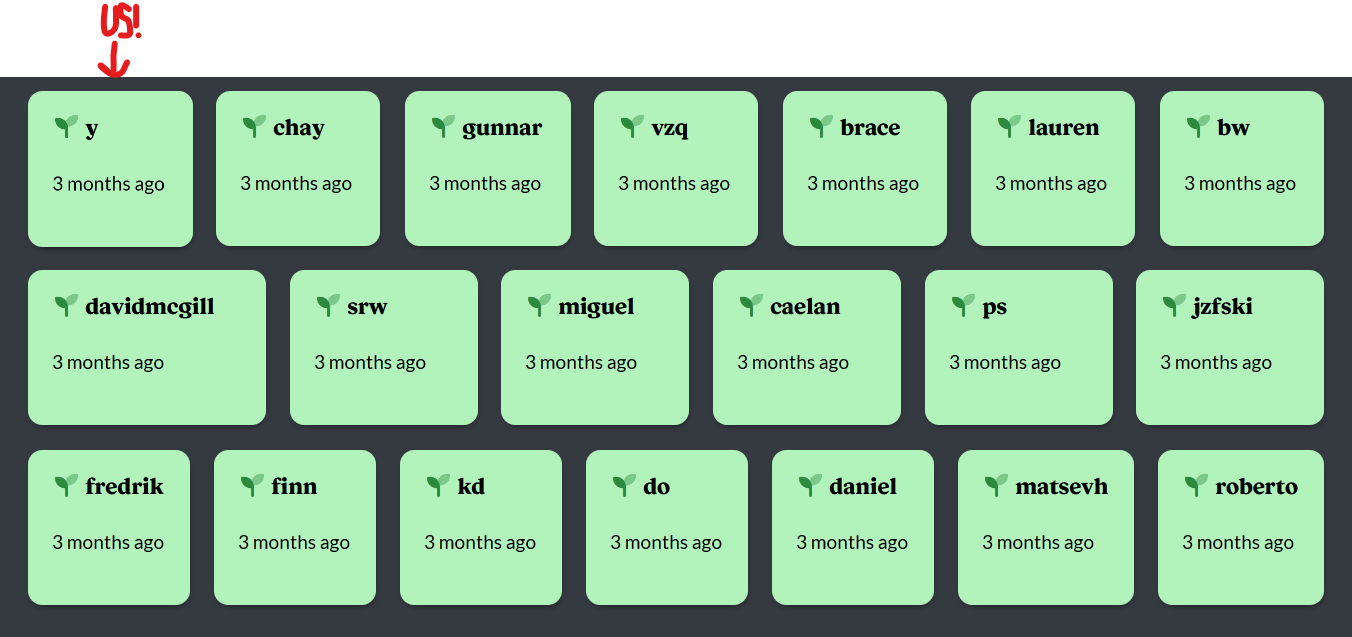 Screenshot of the bottom of now.garden. The first item on the list of twenty addresses is @y, with an arrow pointing at it reading "us!"